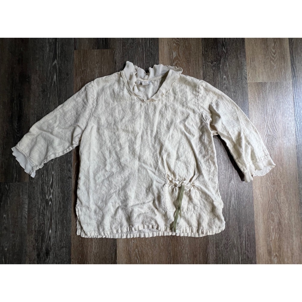Donna Blouse Womens XL Cream Linen Ruffle Neck Pocket 3/4 Sleeve Made in USA